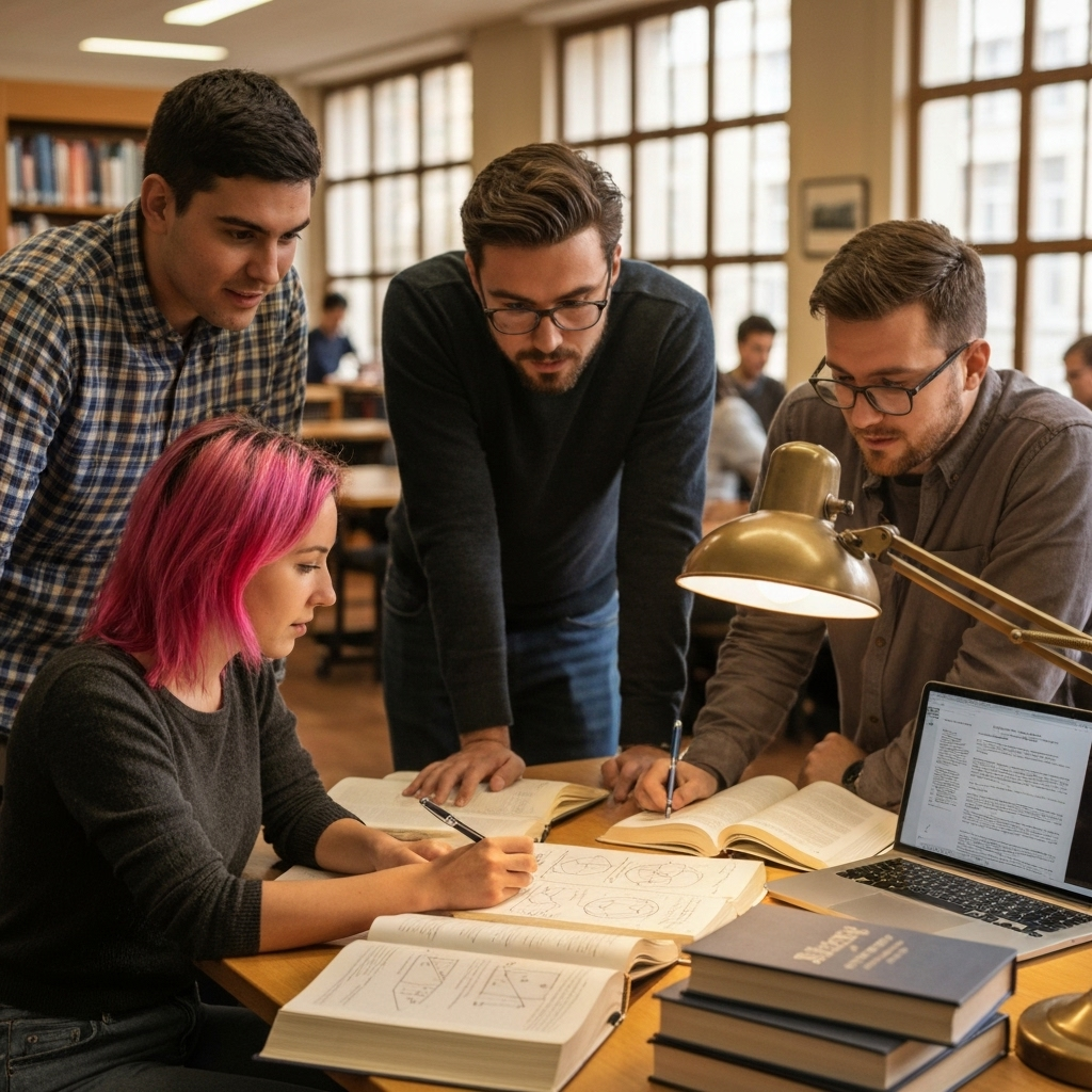 Students collaborating in library